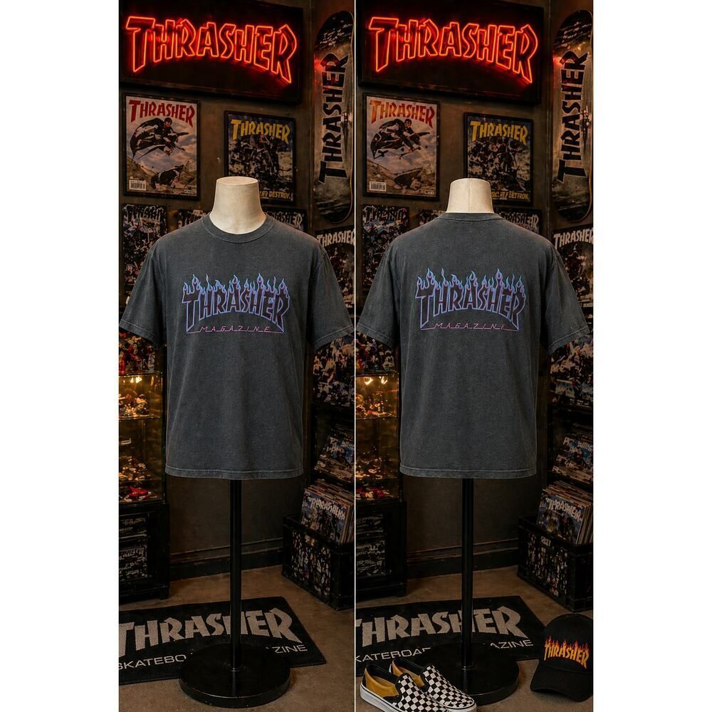 Thrasher Flame Logo Tee Charcoal Skate Shirt Streetwear Graphic M